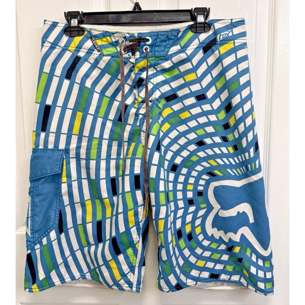 Fox Head Mens Board Shorts Sz 33 Teal Geometric Print Cargo Pocket Swim Trunks